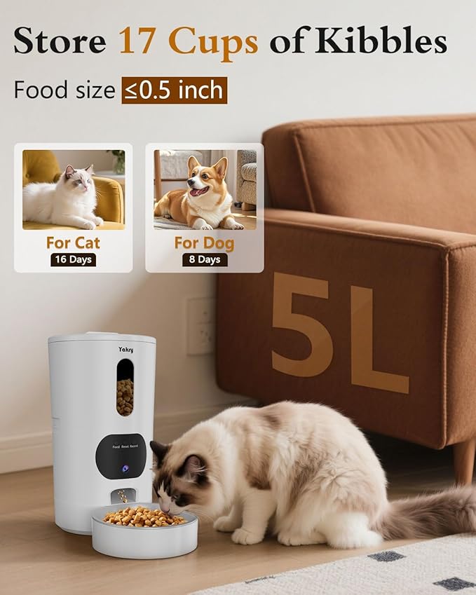Yakry Automatic Cat Feeder with Camera - 5G WiFi Easy Setup App Control Cat Dry Food Dispenser with Stainless Steel Bowl, 4L/17 Cups, HD 1080P Video with Night Vision for Small Pets Indoor