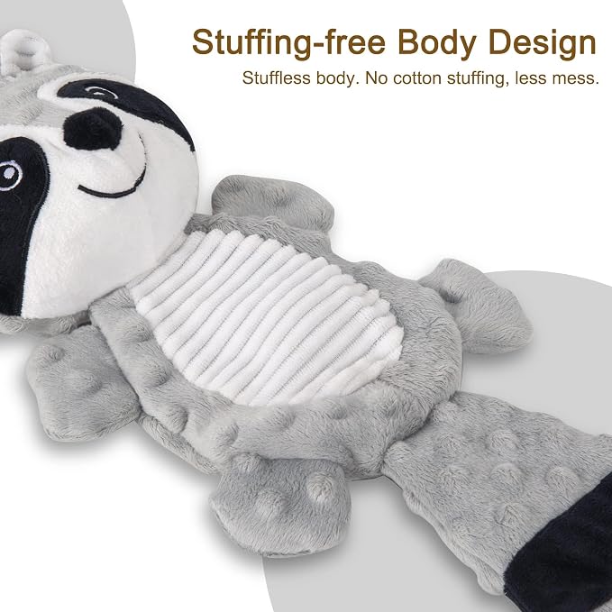 No Stuffing Squeaky Dog Toys Plush Chew Toy for Small Medium Puppy Large Breed, Stuffless Cute Animal Plush Toy for Indoor Play, Tough Durable Teething Interactive Gift, Raccoon,Gray