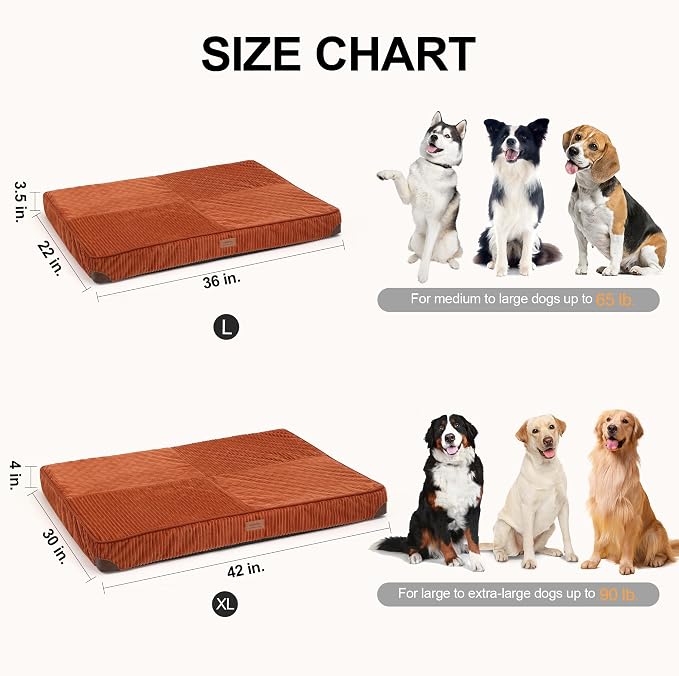 FUKUMARU Dog Bed, Thickened Corduroy Orthopedic Dog Beds with Washable Cover, XL Waterproof Dogs Bed for Crate, 28D Egg Crate Foam Support Pet Mat, Cozy Pet Bed Pad with Anti-Slip Bottom, Orange