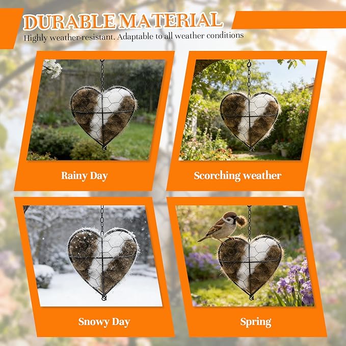 Handmade Alpaca Fiber Bird Nesting Heart–Refillable Natural Nesting Material Holder for Wild Birds,Hummingbirds&Chickadees,Winter Shelter&Garden Decoration,Spring and Summer Fowl Gifts for Bird Lovers