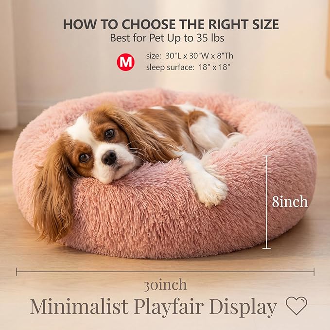 Calming Dog Bed for Medium Dogs Washable Donut 30 inches Anti-Slip Pet Bed,Round Fluffy Plush Faux Fur Cat Bed,Fits up to 45 lbs Pets,Pink