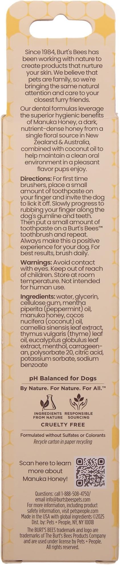 Burt's Bees for Pets Fresh Mint Dog Toothpaste with Manuka Honey and Coconut Oil for Gum Health & Tartar Control, 99.1% Natural Origin Formula, Fluoride-Free, Fresh Mint Flavor, 2.5 Oz