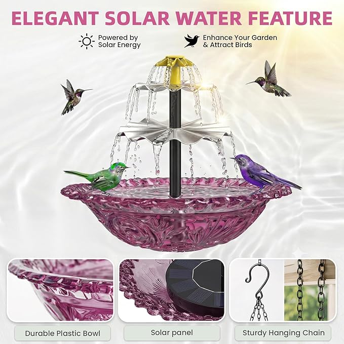 Solar Fountain for Bird Bath, Hanging Cascade Water Feature for Outdoor Garden & Yard Decor, Creates a Relaxing Flow that Attracts Birds (Purple)