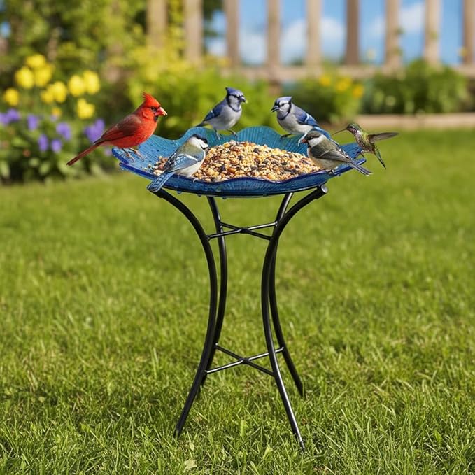 HONGLAND Bird Bath for Outside,15" Diameter Large Glass Birdbaths for Outdoors,Detachable Bird Baths Bowl with Metal Stand for Garden Patio Lawn Decor,19" Height - Blue