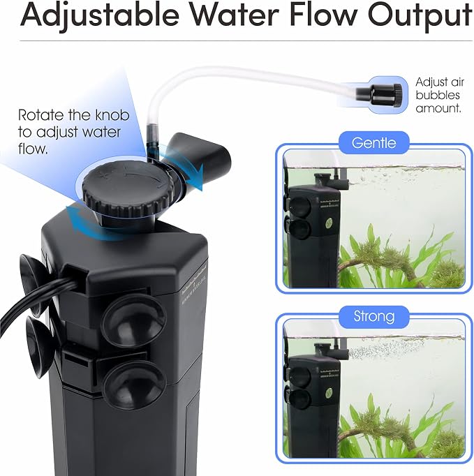 hygger Aquarium Internal Filter, 170GPH Silent Power Filter for 15-30 Gallon Corner Installation, Triple Filtration with Adjustable Flow and Spray Bar
