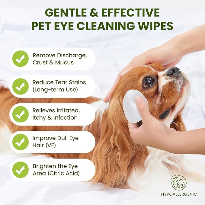 PawSono Eye Wipes for Dogs & Cats, Hypoallergenic Dog Eye Wipes Cleaner, Natural Cleaning Grooming Pet Wipes Gently Remove Tear Stain, Eye Debris, Discharge, Mucus, Non-Irritating, Unscent, 100 pcs