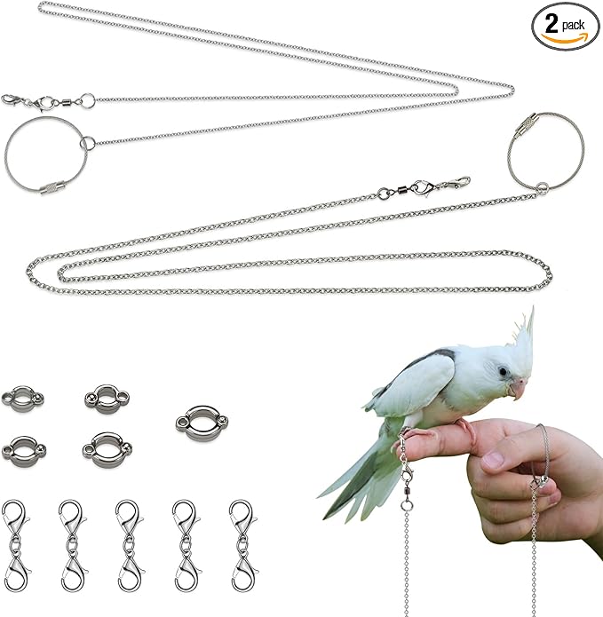 LELE LIFE 2 Pack 39in Bird Leash with 5 Sizes Ankle Rings, Stainless Steel Anti-Bite Parrot Bird Harness Flying Toy Training Chain Leg Rope Outdoor Parrot Alloy Foot Ring