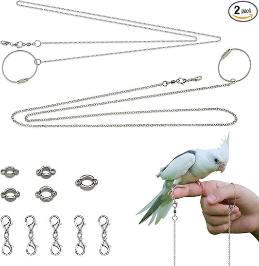 LELE LIFE 2 Pack 39in Bird Leash with 5 Sizes Ankle Rings, Stainless Steel Anti-Bite Parrot Bird Harness Flying Toy Training Chain Leg Rope Outdoor Parrot Alloy Foot Ring