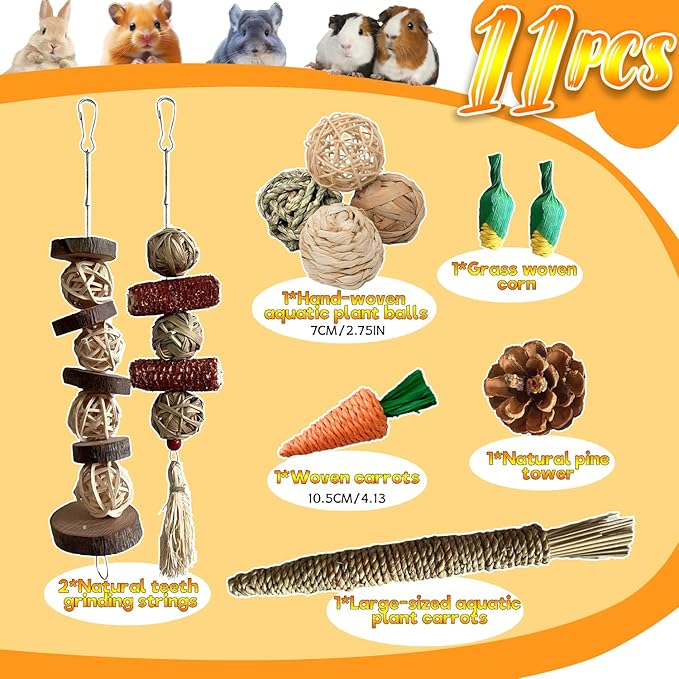 Rabbit Toys Bunny chew/Premium Guinea Pig Toys Natural Material Timothy Hay Sticks Apple Wood Sticks Handmade for Guinea Pig Hamster Rat Chinchilla