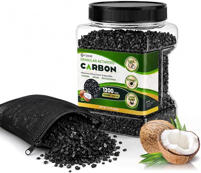 FZONE Activated Charcoal, Premium Natural Coconut Shell Activated Carbon for Freshwater and Saltwater, Aquarium Filter Media, Activated Charcoal Bulk (1.4lb with Fine Mesh Bag)