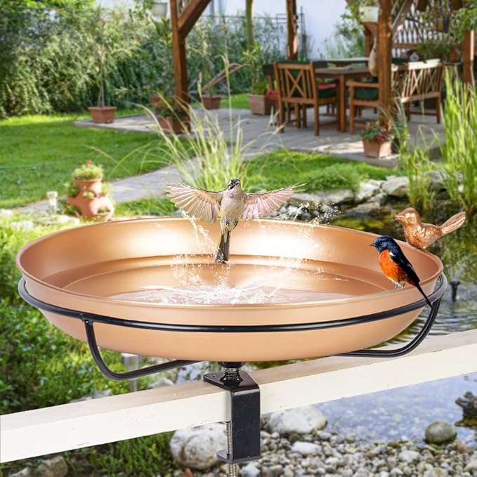 DREAMSOUL Deck Mounted Bird Bath, Metal Bird Bath with Sturdy Steel Clamp, 12" Birdbath for Railing Balcony Garden Decoration