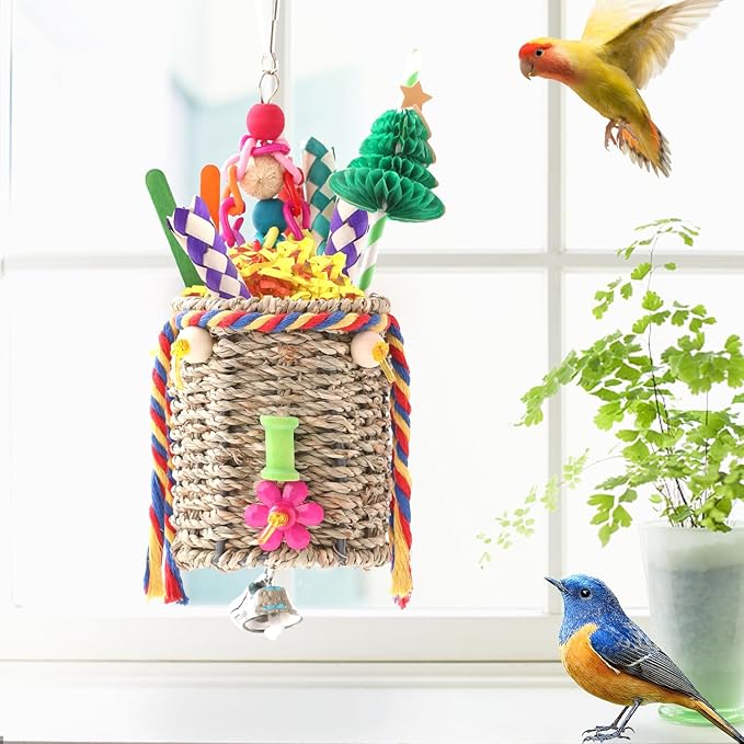 RLRICH Bird Toys Parrot Foraging Toys, Seagrass Basket Bird Chewing Toys with Colorful Tearing Paper Bamboo Fingers Natural Nut Wooden Blocks for Small Medium Parrot Bird
