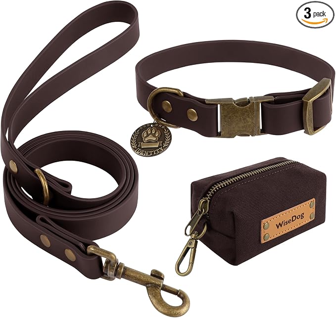 Wisedog Waterproof Dog Collar and Leash Set, Brown, S | Adjustable Puppy Collar, Cute Tag, 4FT Leash, Includes Poop Bag, For Small Medium Large Dogs