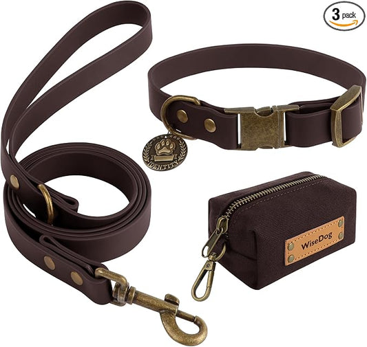 Wisedog Waterproof Dog Collar and Leash Set, Brown, S | Adjustable Puppy Collar, Cute Tag, 4FT Leash, Includes Poop Bag, For Small Medium Large Dogs