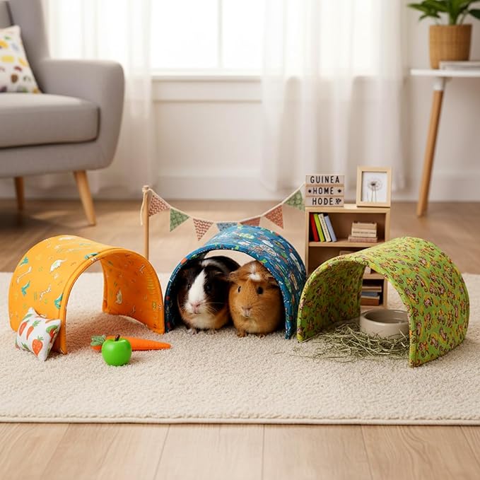 BreezeHug 4 Pcs Guinea Pig Tunnel Foldable Rabbit Hideout Washable and Soft Bunny Hide House Ferret Tunnel Toys Cage Accessories for Small Animal Hamster Hedgehogs Chinchilla(Forest Animals)