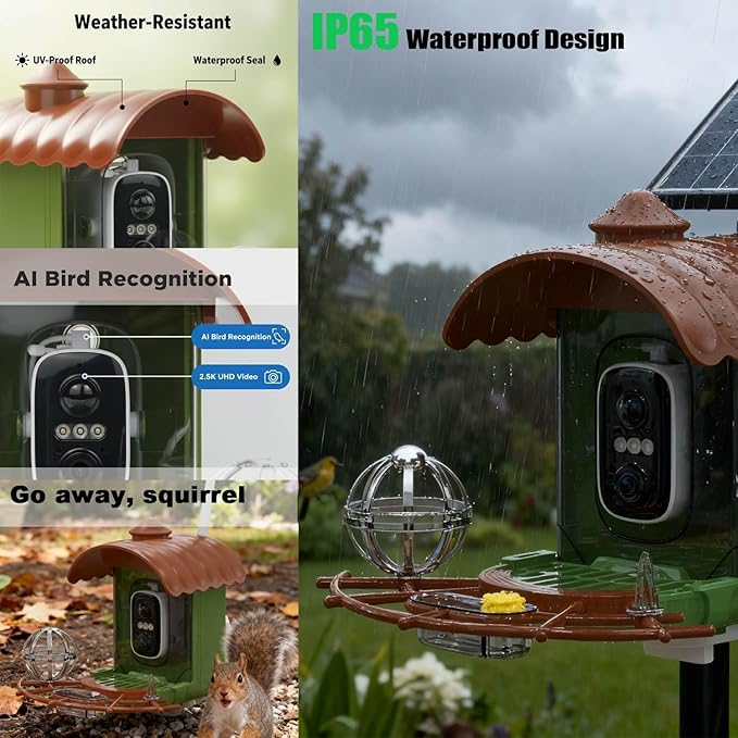 Bird Feeder with Camera, Smart Bird Feeder Camera with AI Identify BirdSpecies, Solar Powered, Instant Alerts, 2K HD Video, Various DIY Addons, 2.4G WiFi, Gift for Mom Dad Birdlover (Green)