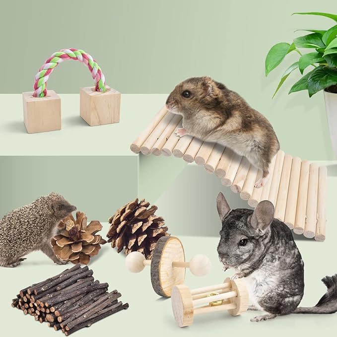 ERKOON Safe 12 Pack Hamster Chew Toys Gerbil Rat Guinea Pig Chinchilla Chewing Toys Cage Accessories, Natural Wooden Dumbbell Exercise Bell Roller Teeth Care Molar Toy for Rabbits Bird Small Animals