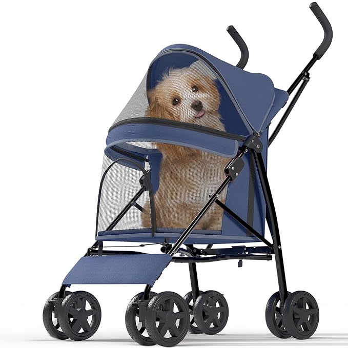 OS MOTOR Pet Stroller with 4 Wheels for Small/Medium Pets, Portable Travel Foldable Carrier Jogger for Dog Cat Puppy Kitty, Rear Wheel Breaks, Storage Basket, Visible Mesh Weather Cover (Navy Blue)