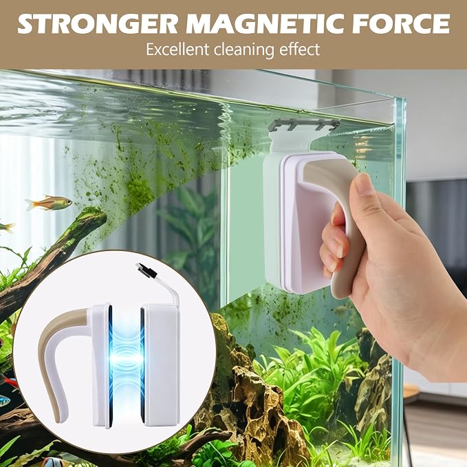 Aquarium Strong Magnetic Glass Cleaner Brush, Fish Tank Glass Scrubber Algae Scraper Comfortable Grip Handle with 2 Detachable Scrapers Mag Float Scrubber for 0.32 Inch Tanks(M)