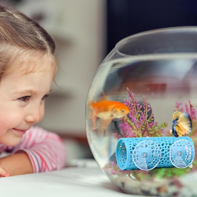 Abizoo Betta Fish Tunnel Hideout, Hollow Coral Aquarium Decor, Light Blue | Betta Hideaway Cave, Suction Cup Mount, Aquarium-Safe Material, Shelter for Shrimp Guppies Tetras Danios, Fish Tank Accessory