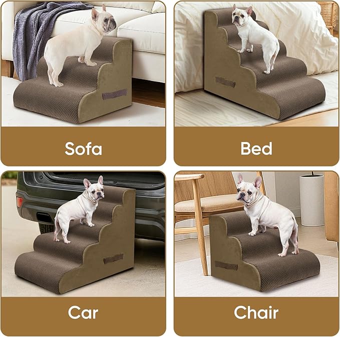 PAWSCRAT Pet Stairs for Dogs 4-Step, 19.6" H Pet Stairs for High Bed, Couch Sofa & Chair, 30D Material Soft Foam Dog Steps with Non-Slip Bottom Surface Removable Washable Cover, Brown