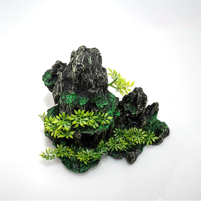 Aquarium Mountain View Stone Ornament, Large Resin Hideout Cave for Betta & Shrimp, Fish Tank Decor Rock Cave with Fish Cave and Hideouts (10.63" x 6.30" x 10.24")