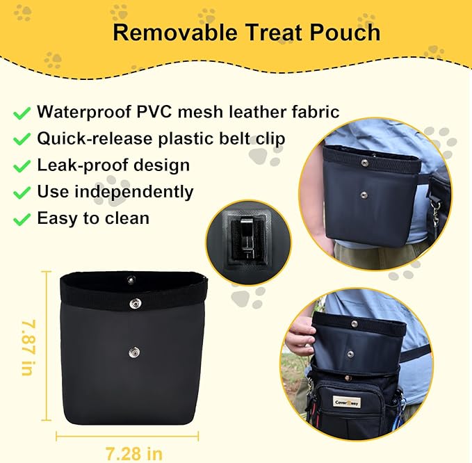 Dog Treat Pouch Open Top for Quick & Spill-Proof Access, Removable Pouch|Poop Bag Dispenser|3 Ways to Wear, Dog Treat Bag - Collapsible Bowl, Training Clicker & Poop Bag for Training & Walking-Black.