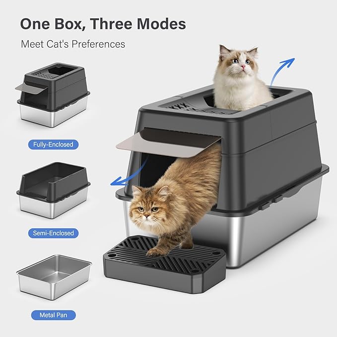 Aphyxen Stainless Steel Litter Box with Lid, XL Extra Large Enclosed Cat Litter Box Fits All Cats Modular Design with Flip Cover, Top Entry Metal High Sided Cat Box & Pedal & Scoop (Black)