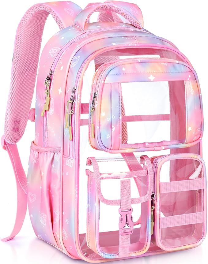 PAMANO Clear Backpack for Girls, Heavy Duty Transparent Bookbag for Kids, See Through Cute Backpacks for Elementary Primary School Work Sport Travel - Pink