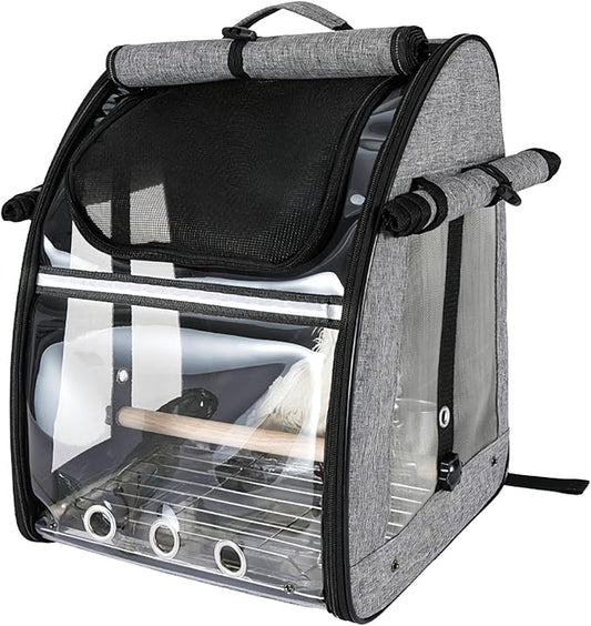 Sanmoncare Bird Carrier Backpack, Parrot Travel Bag with Stand, Stainless Steel Mesh Travel Cage for Cockatiel, Portable Bird Travel Carrier, Pet Transparent Breathable Travel Cage Large