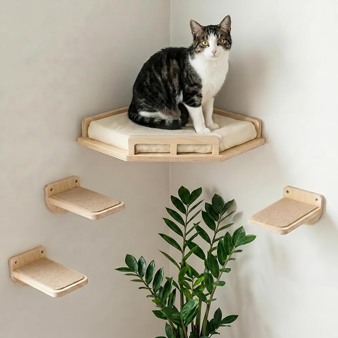 INICIO Cat Wall Shelves - Safe and Sturdy Cat Wall Furniture - Stylish Corner Shelf with 3 Steps for Cats up to 15lbs - Cushioned Perch and Stairs for Climbing and Playing - Natural Wood