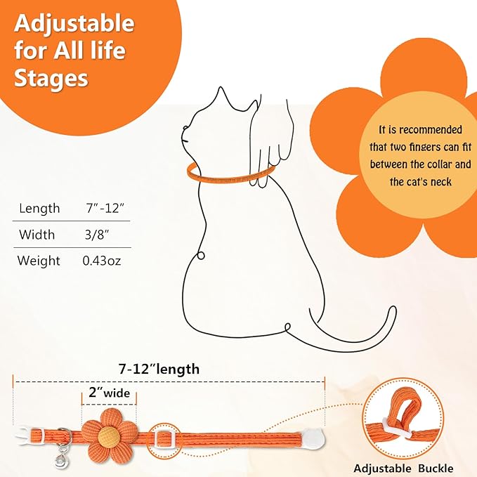 Cat Collar, HANSHILAI Kitten Collar with Bells, Cute Cat Collar Breakaway for Girl Boy with Flower,Collar para Gatos (2 Pack) (Orange & Rose Red)
