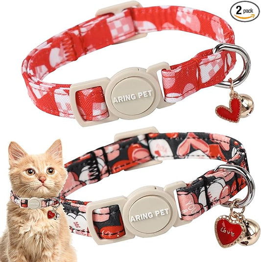 ARING PET 2 Pack Valentine's Day Cat Collars-Cute Heart Cat Collar Breakaway with Bell&Pendant, Adjustable Valentine Kitten Collars with Safety Buckle for Girl and Boy Cats