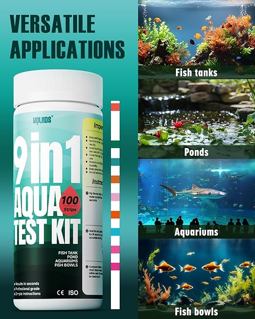 Aquarium Test Strips - 9-in-1 Aquarium Water Test Kit: Fish Tank Testing Kit for Freshwater & Saltwater, 100 Strips,Fast & Accurate Ammonia, pH, Hardness, & More,Lead Water Test Kit