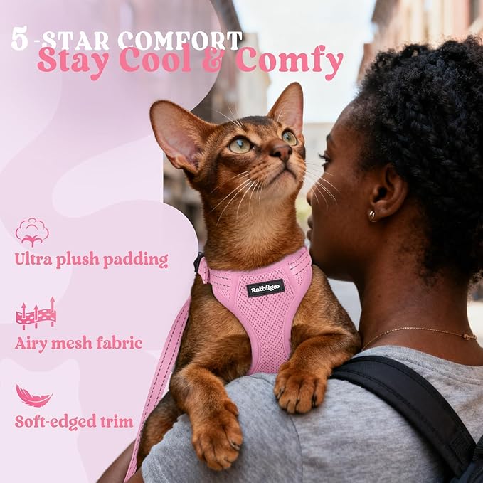 rabbitgoo Cat Harness and Leash, Escape Proof Vest with 3 Adjustable Buckles, Soft Comfortable Kitten Harness, Easy to Wear, Reflective for Safe Outdoor Walking, Small, Pink