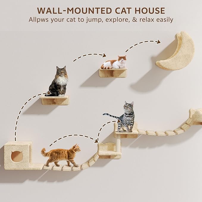 Cat Wall Shelves, Wall Mounted Cat Shelf Furniture with Plush Fabric(13 Piece Set), Cats Furniture with Moon Hammock, Condos, House, Steps, Bridge Ladder, Scratching Post, Beige