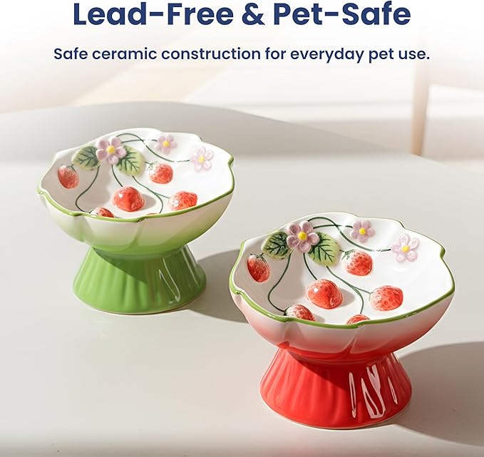 PawsPik Strawberry Blooms Elevated Ceramic Cat Bowl – Raised Cat Food Bowl with 15° Tilt, Whisker-Friendly Pet Feeding Bowl, Anti-Choking Dish, Dishwasher Safe (Green)