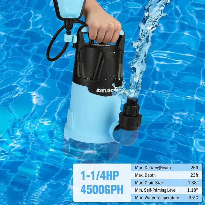 KITLUCK Submersible Water Pump, 1-1/4HP 4500GPH High Flow Sump Pump with Float Switch, 23ft Power Cord, Portable Utility Water Pump for Swimming Pool, Garden Pond, Flood Basement, Tub Water Removal