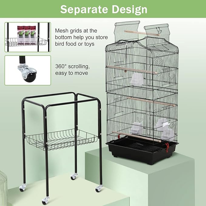 64 inch Bird Cage, Wrought Iron Parakeet Cage Bird Cages for Cockatiels, Medium Small Parrots, Conures, Lovebirds, Budgies, Finches, Detachable Rolling Stand & Play Open Top & Storage Shelf, Black