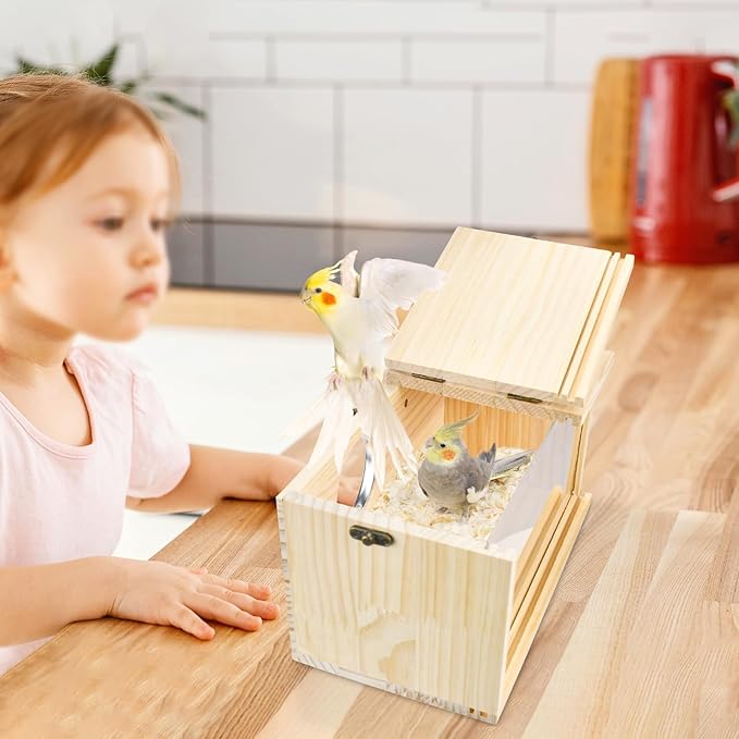 Parrot Nesting Box Cockatiel Nesting Box Bird Breeding Box House Handcrafted Wooden Acrylic Transparent Bird Box with Detachable Wooden Board for Parakeets Cockatiel Budgie Conure Parrot L