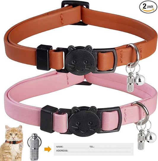 WROSWT Upgrade Breakaway Cat Collar with Bells, Soft Leather Kitten Collars with Name Tag,Safety Adjustable Buckle,Lightweight,Ideal for Girl Boy Cats,Puppies,2 Pack (Pink+Orange)