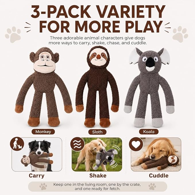 No Stuffing Dog Toys, 3-Pack Squeaky Crinkle Set | 3-pack stuffing-free plush dog toys with squeakers and crinkle sound for supervised indoor play, fetch, tug, and teething
