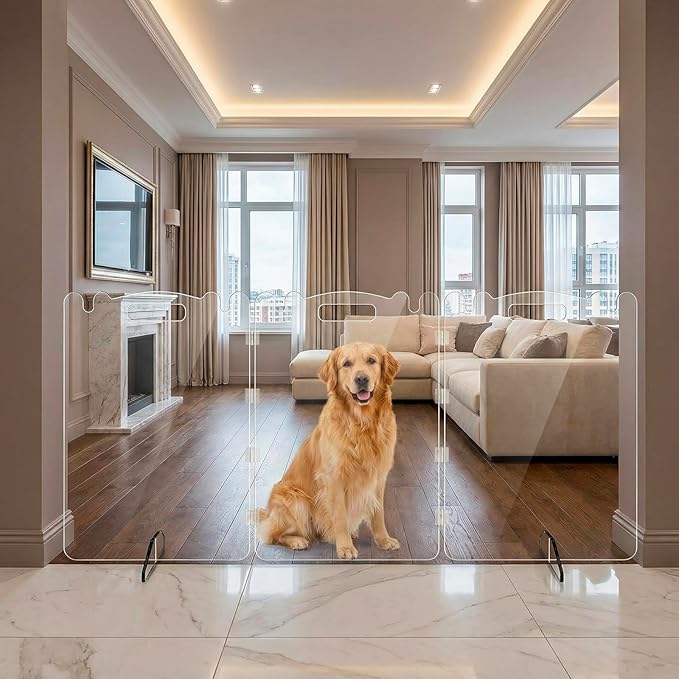 Acrylic Dog Gate, 31in Tall Freestanding Clear Pet Gate for Doorways, Transparent Clear Dog Gate Indoor for Large Openings & Stairs, Foldable Pet Gate for Dogs (6 Panel - 120'' W x 31'' H)