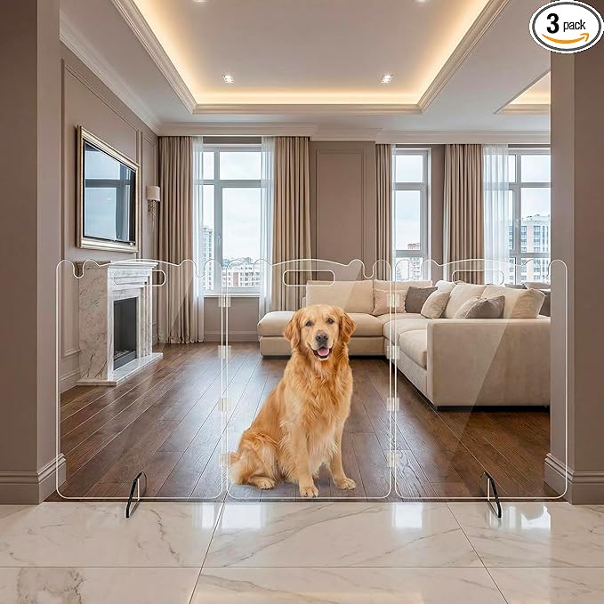 Acrylic Dog Gate, 31in Tall Freestanding Clear Pet Gate for Doorways, Transparent Clear Dog Gate Indoor for Large Openings & Stairs, Foldable Pet Gate for Dogs (3 Panel - 60'' W x 31'' H)