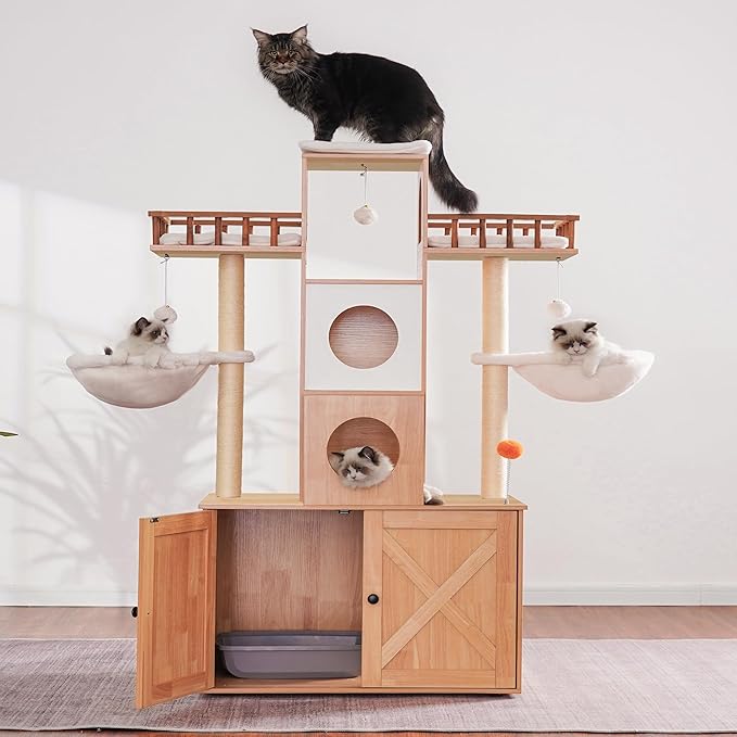 Heybly Cat Tree with Litter Box Enclosure for Indoor Big Cat, Cat Tower for Large Cats 20lbs Heavy Duty, Modern Cat Condo Furniture with Scratching Posts, Walnut HCT110WB