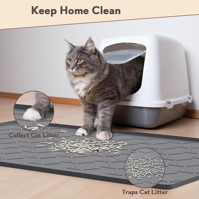 Garoopion Cat Litter Mat, Large 40" X 28" Litter Catcher Rug, Waterproof Silicone Mat for Cats, Dark Gray