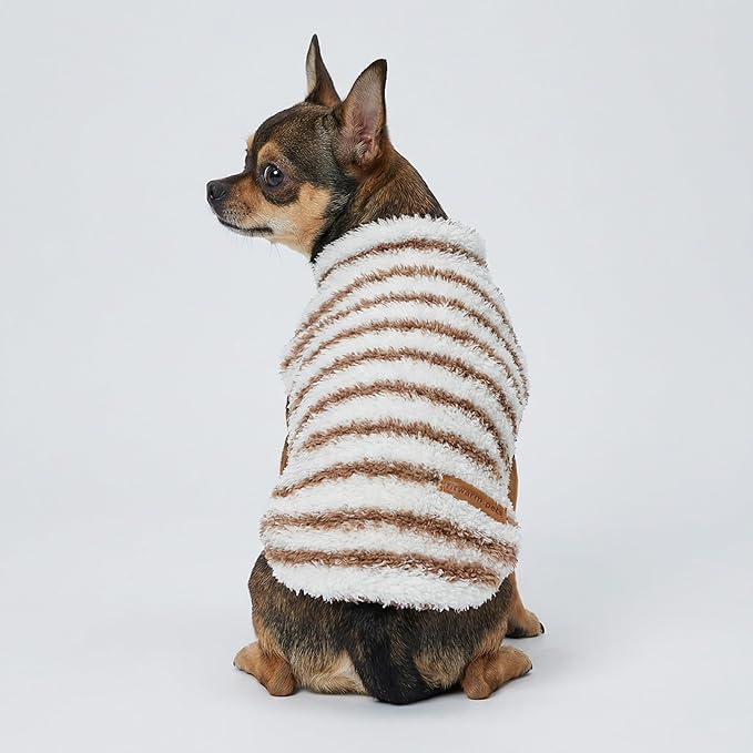 Fitwarm 2 Pack Striped Fleece Dog Sweater, Warm Winter Clothes for Small Dogs Boy Girl, Fuzzy Pet Outfit, White, Brown, Large