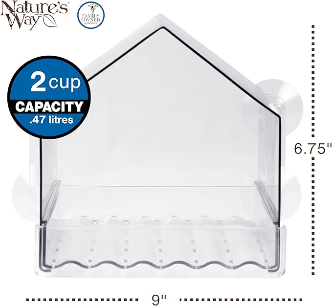 Nature's Way Win-3 Clear View Window Bird Feeder with Strong Suction Cups, Transparent Outdoor Wild Bird Seed Feeder and Décor, 2 Cup Capacity, Clear, 6.5"