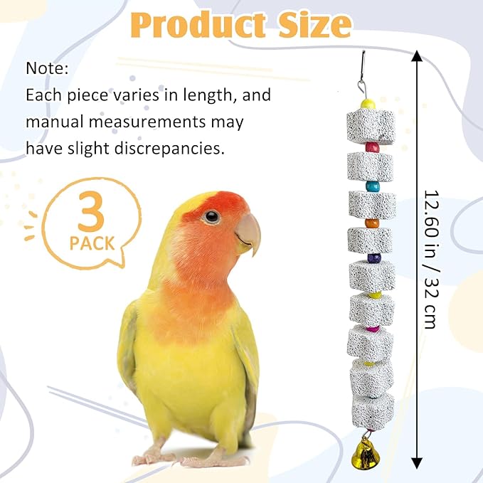 PINVNBY 3 Pack Bird Chewing Toy Lava Calcium Bird Beak Grinding Stone with Bell Hanging Parakeet Cage Accessories for Parrots Budgies Cockatiels African Grey (9 Block Per String)