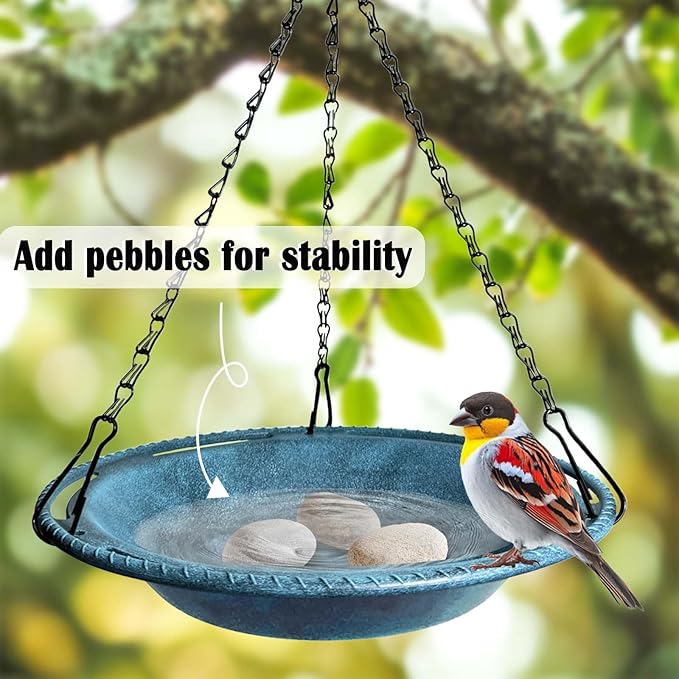 Hanging Bird Bath & Feeder Bowl, 12 in Outdoor Bird Bath with Chains, Durable Weather-Resistant PP, Antique Blue, Backyard Garden Decor